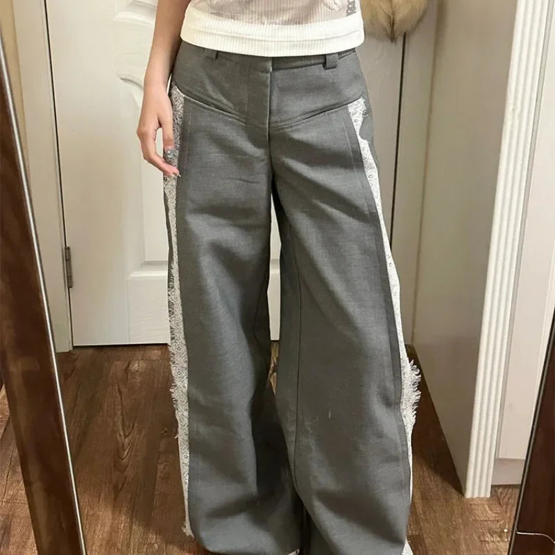 Gray Lace Y2K Women Suit Wide Leg Pants