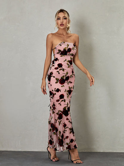Mesh Applique Backless Column Maxi Gown