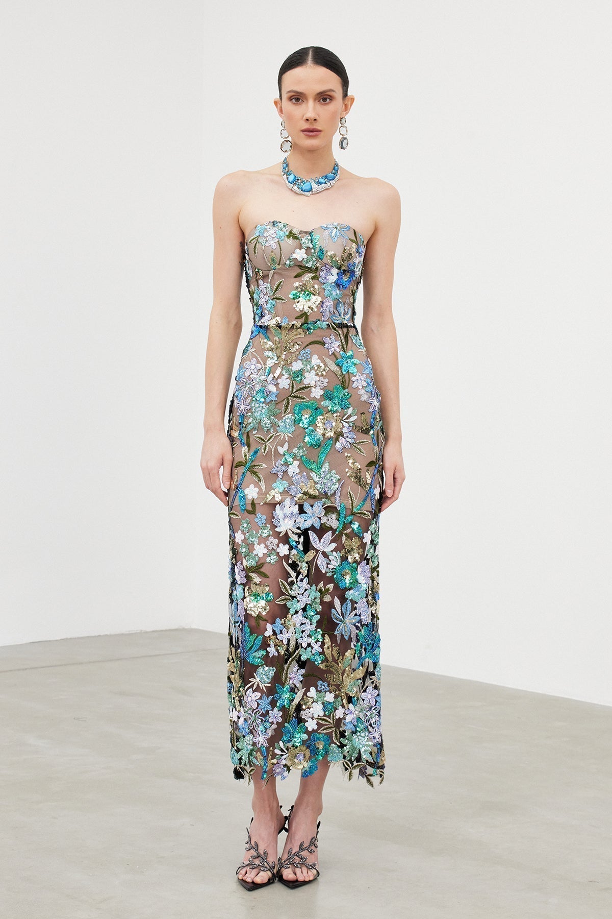 Mesh Sequin Column Maxi Gown