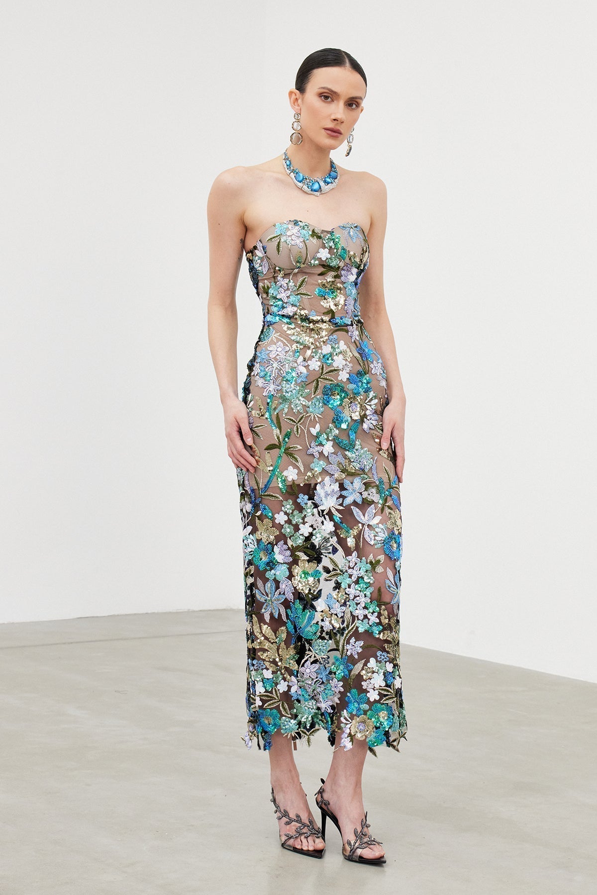 Mesh Sequin Column Maxi Gown