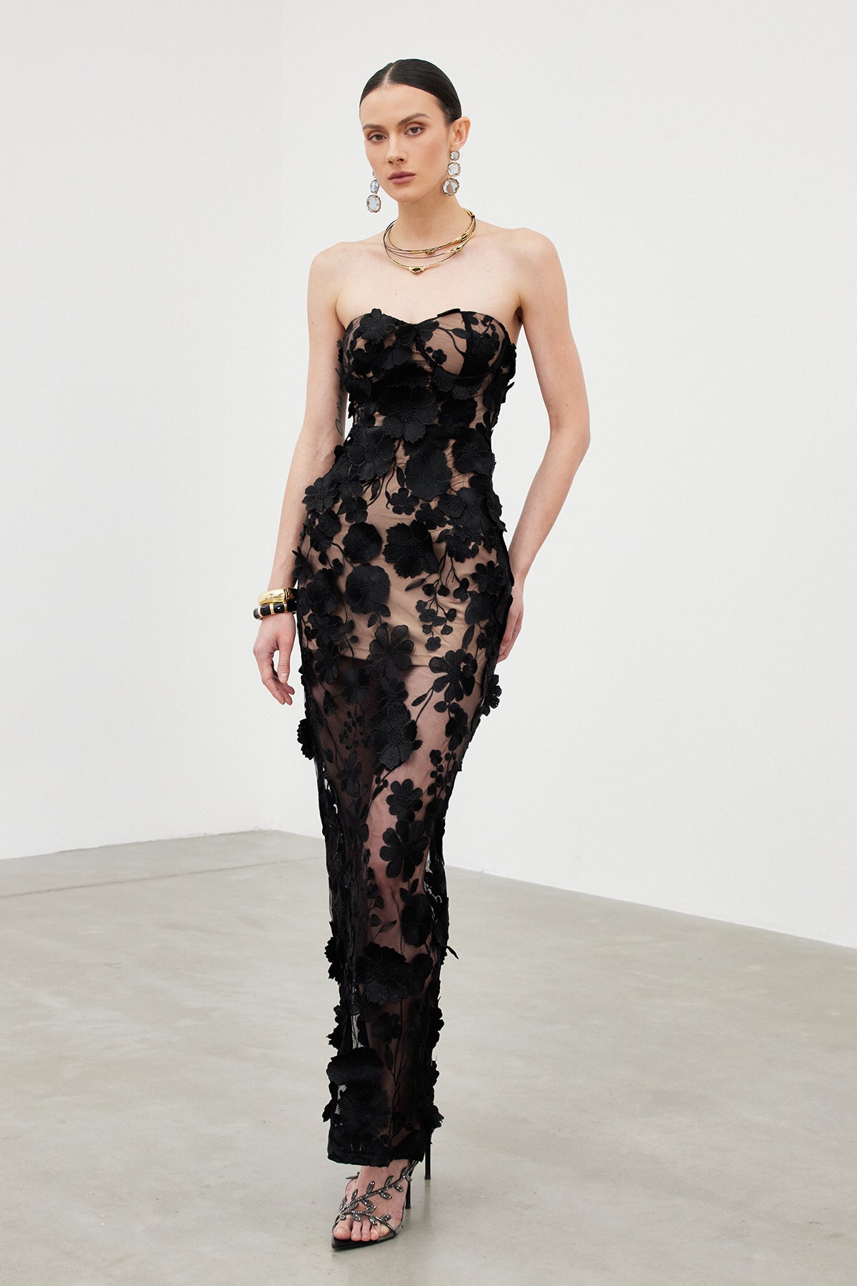 Strapless Flower Mesh Column Maxi Gown