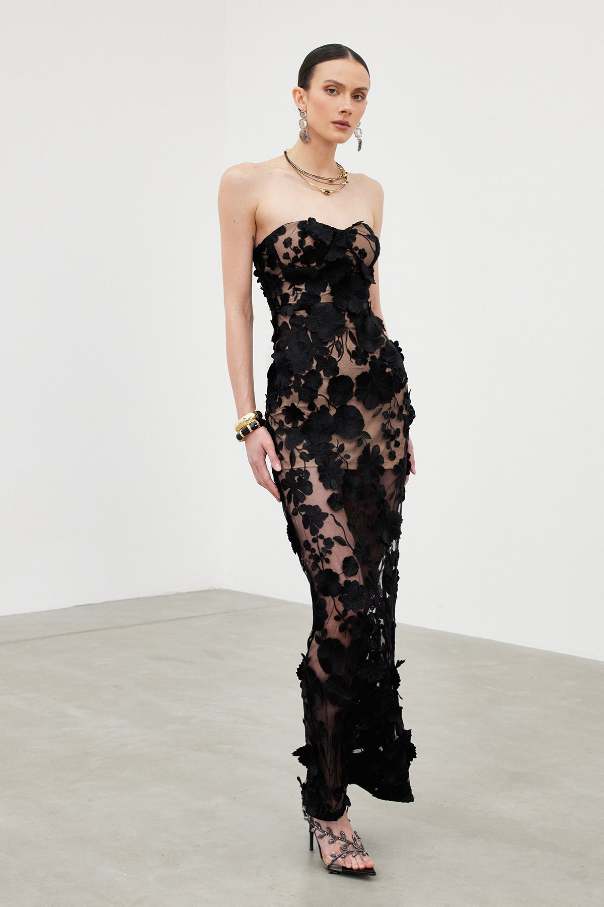 Strapless Flower Mesh Column Maxi Gown