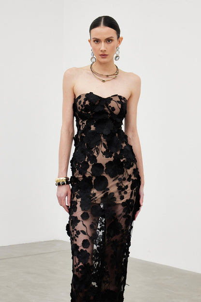 Strapless Flower Mesh Column Maxi Gown