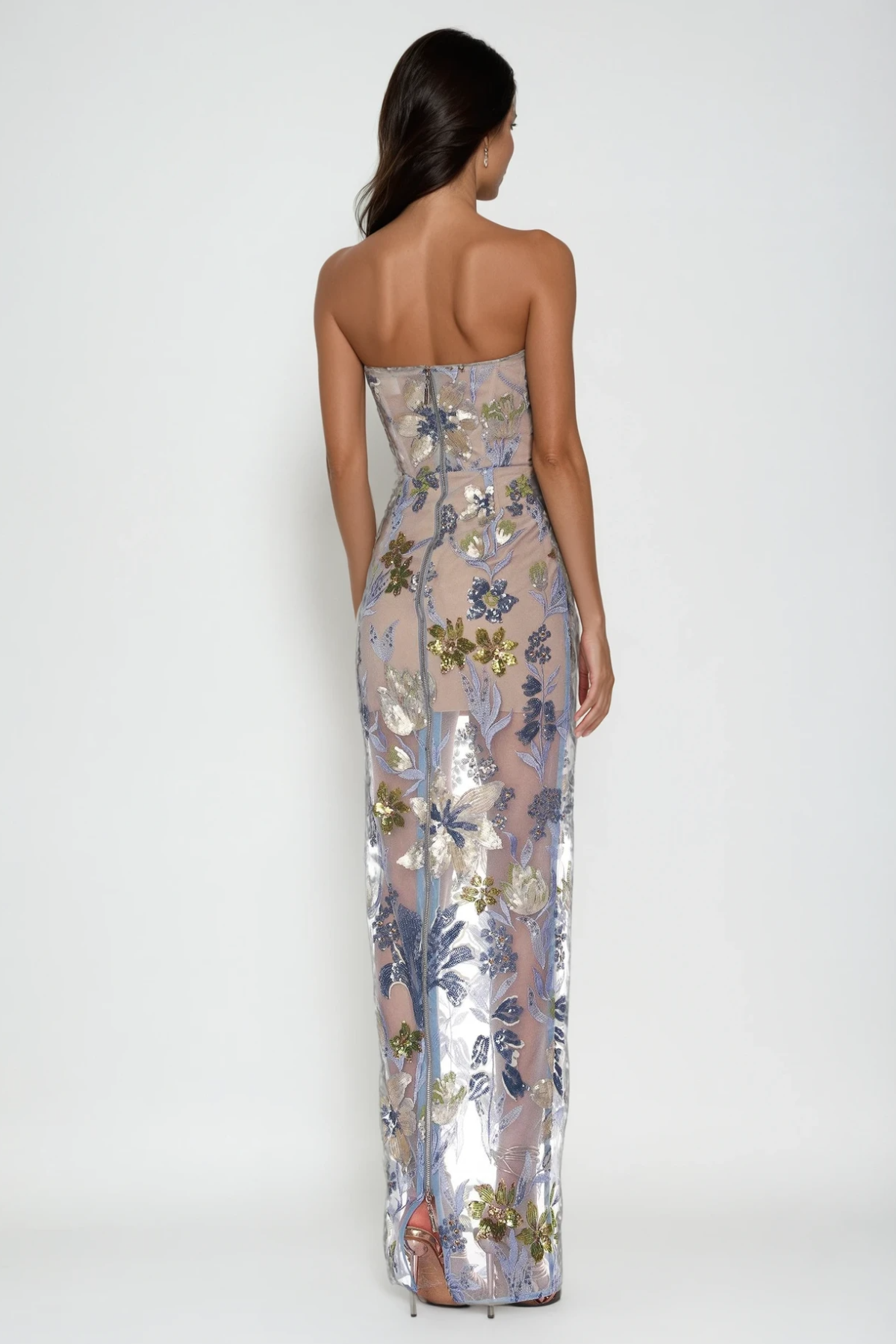 Strapless Sweetheart Mesh Overlay Floral Sequin Embroidery Column Maxi Gown