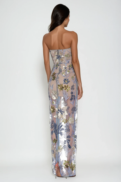 Strapless Sweetheart Mesh Overlay Floral Sequin Embroidery Column Maxi Gown