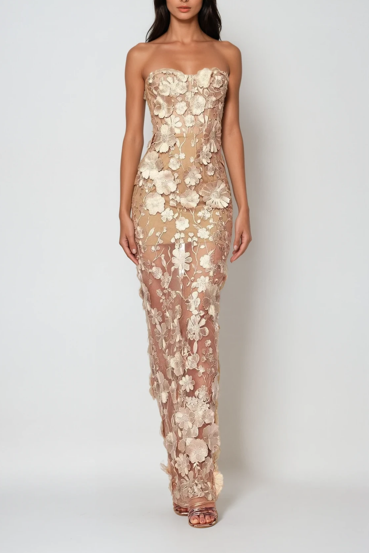 Strapless Sweetheart 3D Floral Applique Sheer Overlay Column Maxi Gown