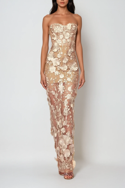 Strapless Sweetheart 3D Floral Applique Sheer Overlay Column Maxi Gown