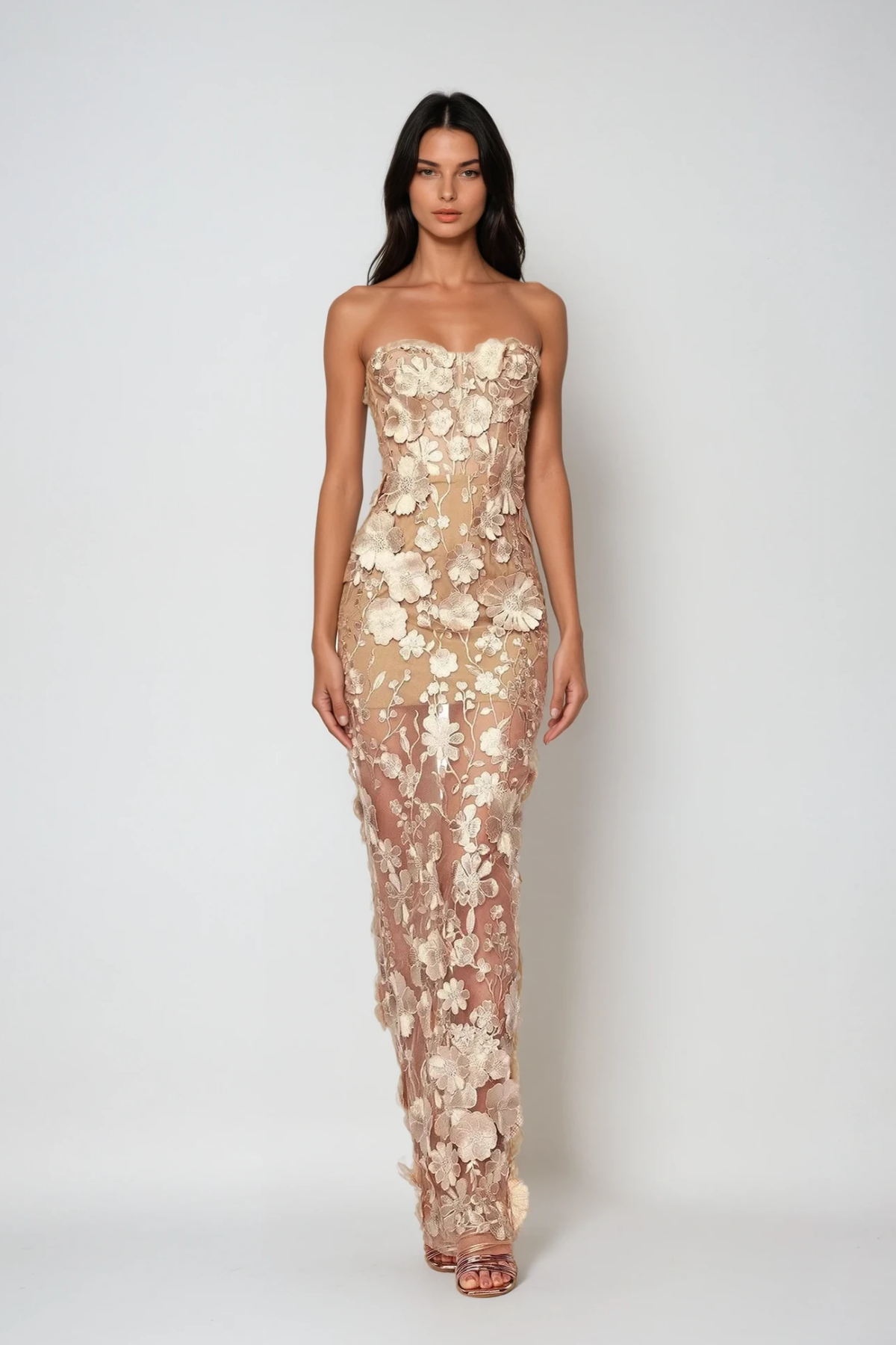 Strapless 3D Floral Applique Sheer Mesh Column Maxi Dress