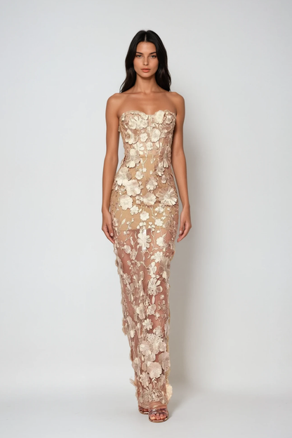 Strapless 3D Floral Applique Sheer Mesh Column Maxi Dress