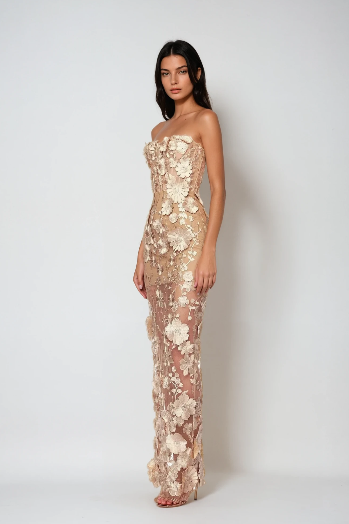 Strapless Sweetheart 3D Floral Applique Sheer Overlay Column Maxi Gown