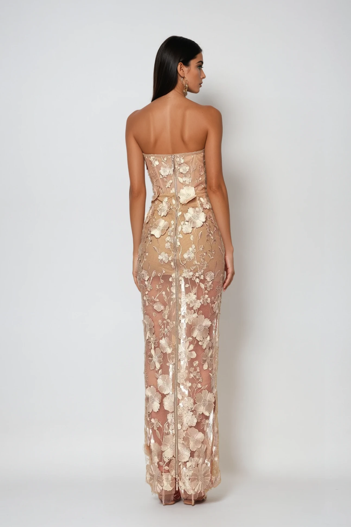 Strapless Sweetheart 3D Floral Applique Sheer Overlay Column Maxi Gown