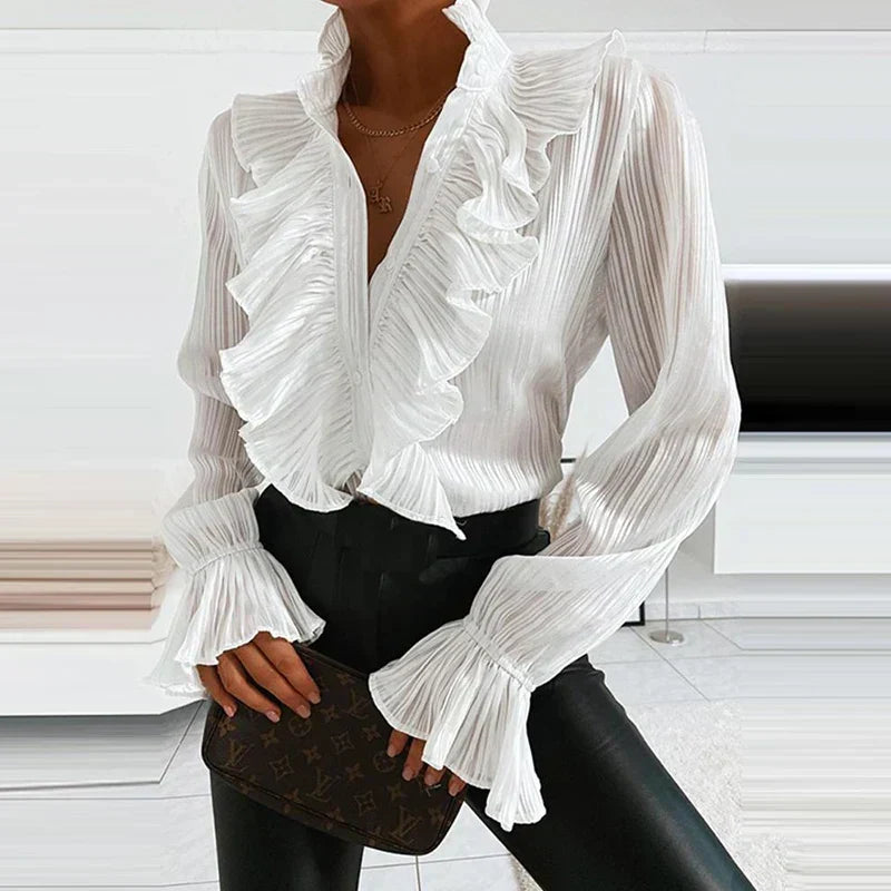 Denim Ruffled V Neck Pleated Blouse