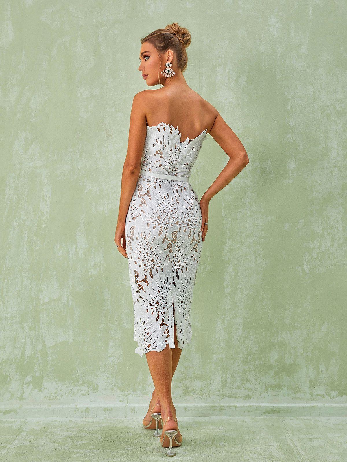 Strapless Leaf Lace Belted Scalloped Hem Midi Dress
