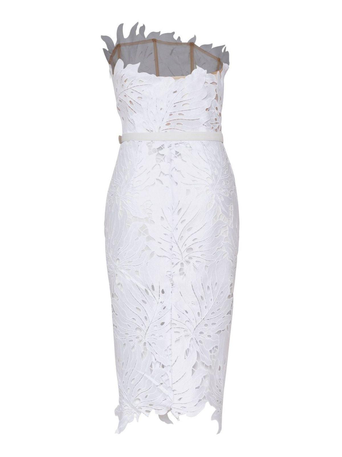 Strapless Leaf Lace Belted Scalloped Hem Midi Dress