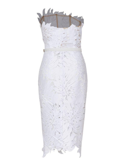Strapless Leaf Lace Belted Scalloped Hem Midi Dress