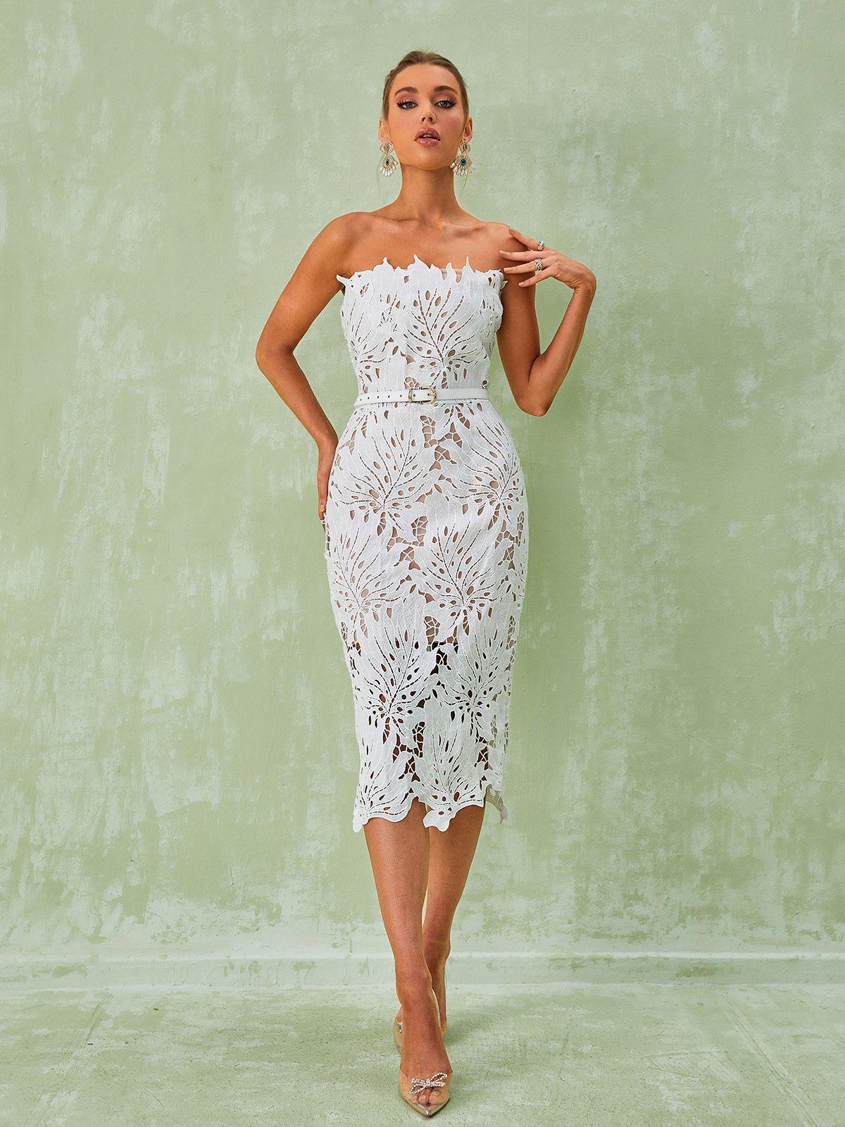 Strapless Leaf Lace Belted Scalloped Hem Midi Dress