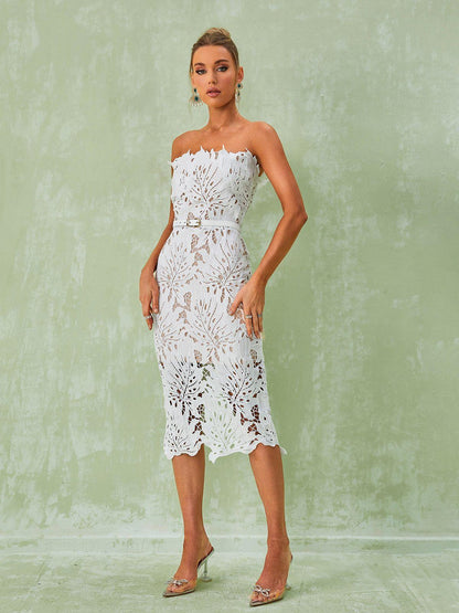 Strapless Leaf Lace Belted Scalloped Hem Midi Dress