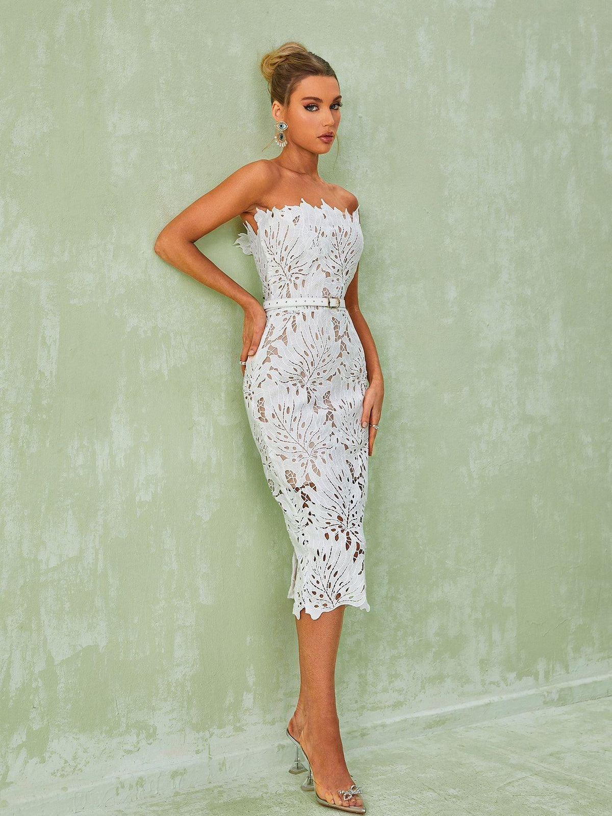 Strapless Leaf Lace Belted Scalloped Hem Midi Dress