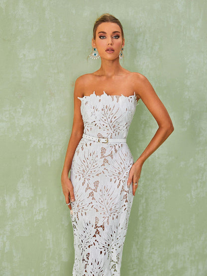 Strapless Leaf Lace Belted Scalloped Hem Midi Dress