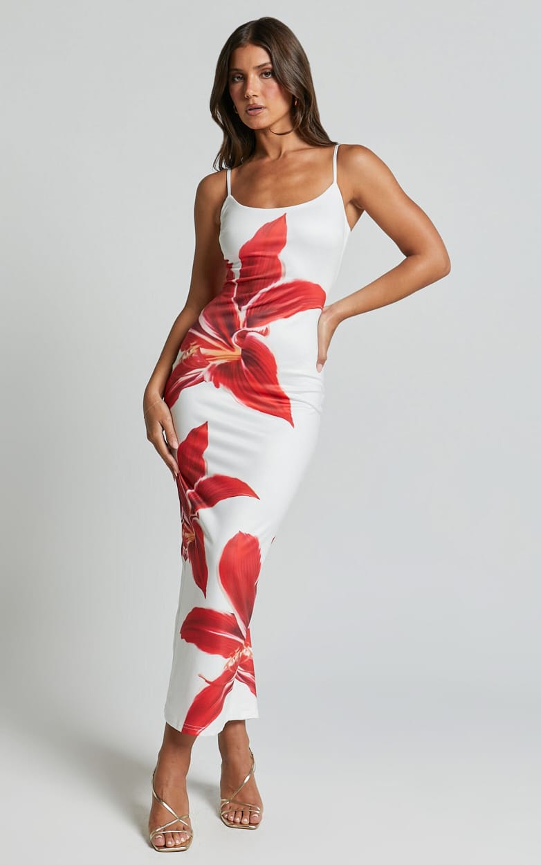 Scoop Neck Spaghetti Strap Oversized Floral Print Bodycon Maxi Dress