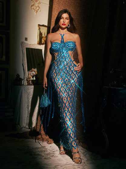Halter Neck Sweetheart Mesh Crystal Lattice Fringe Maxi Dress