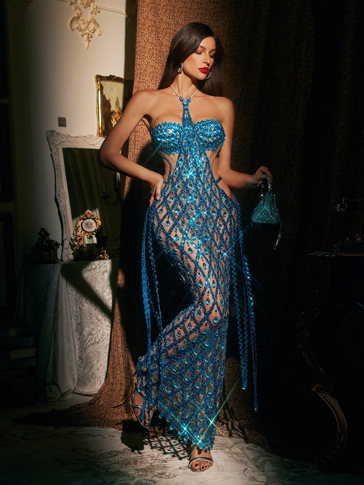 Halter Neck Sweetheart Mesh Crystal Lattice Fringe Maxi Dress