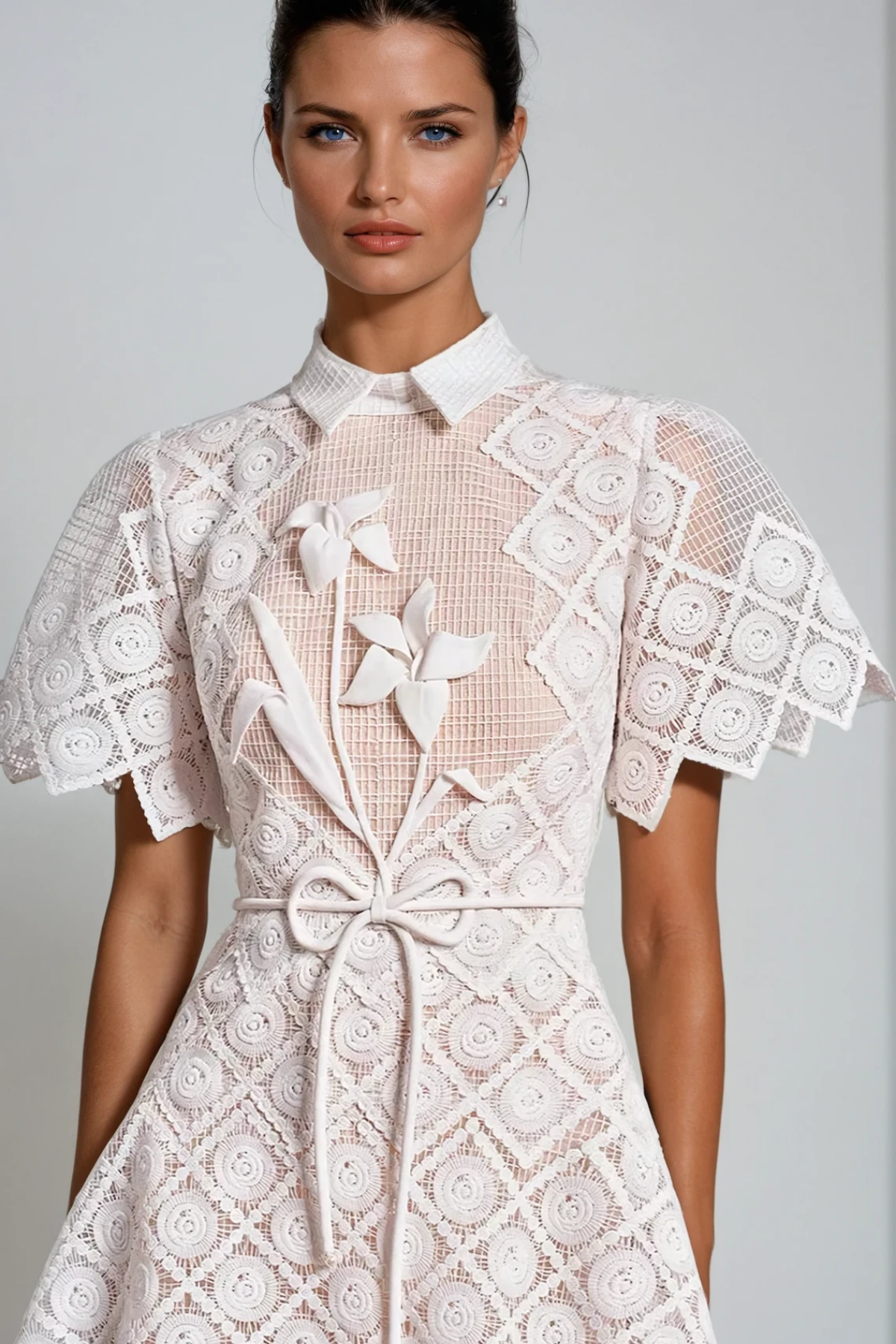Pointed Collar Mesh Bodice 3D Floral Lace Butterfly Sleeve Midi Dress