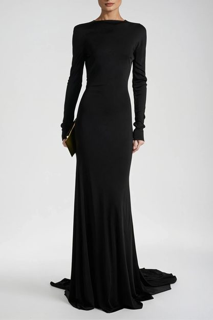 Long Sleeve Plunging Open Back Ruched Train Maxi Gown