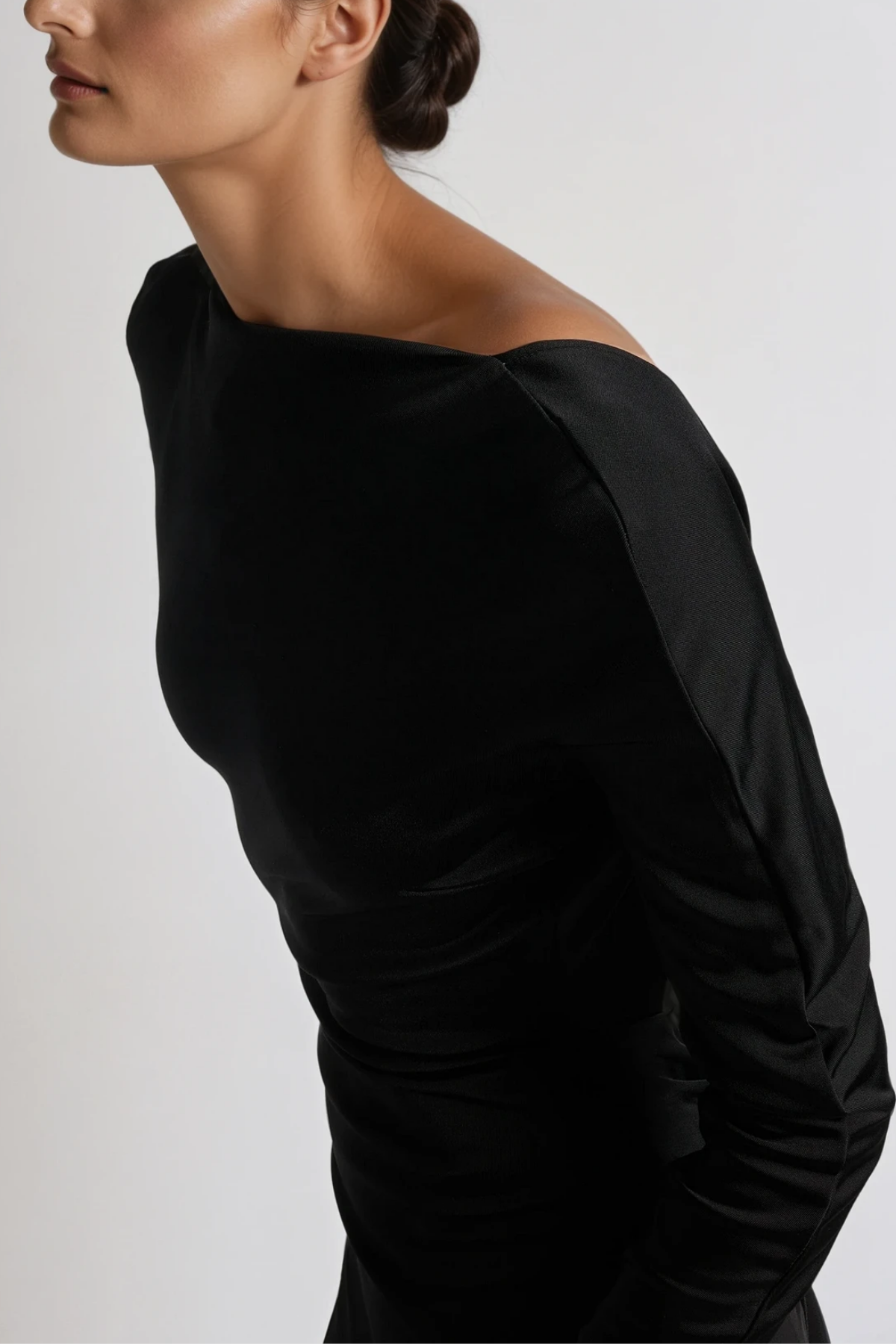 Long Sleeve Plunging Open Back Ruched Train Maxi Gown