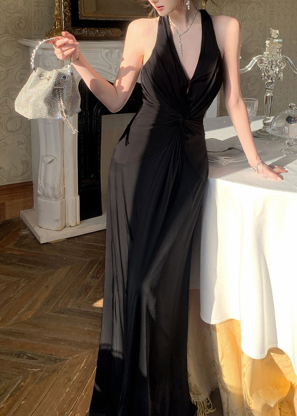 Twisted Halter Open Back Gathered Waist Column Floor Length Gown