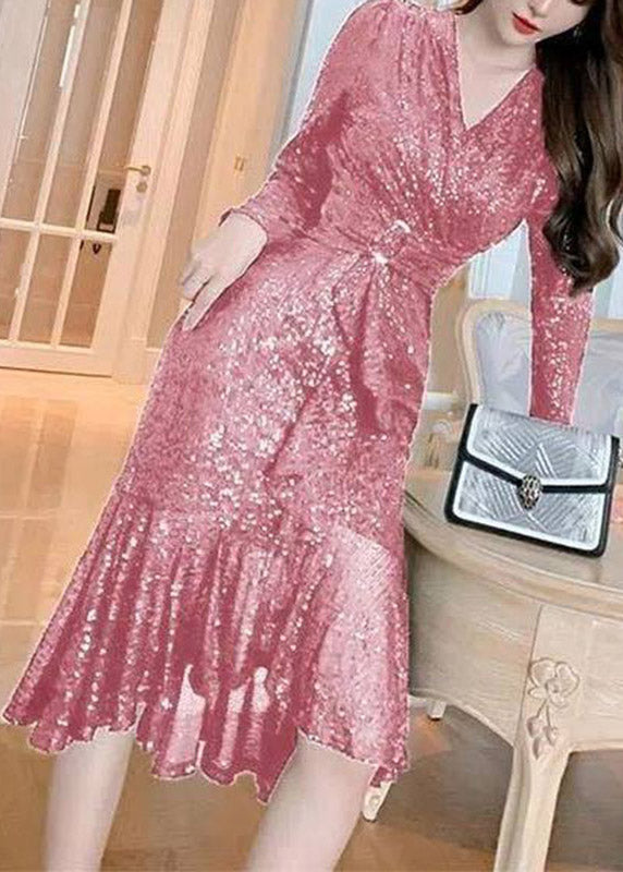 V-Neck Sequin Belted Long Sleeve Mermaid Flounce Midi Dress