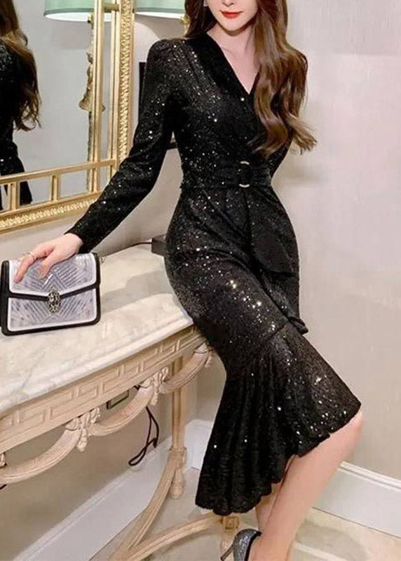 V-Neck Sequin Belted Long Sleeve Mermaid Flounce Midi Dress