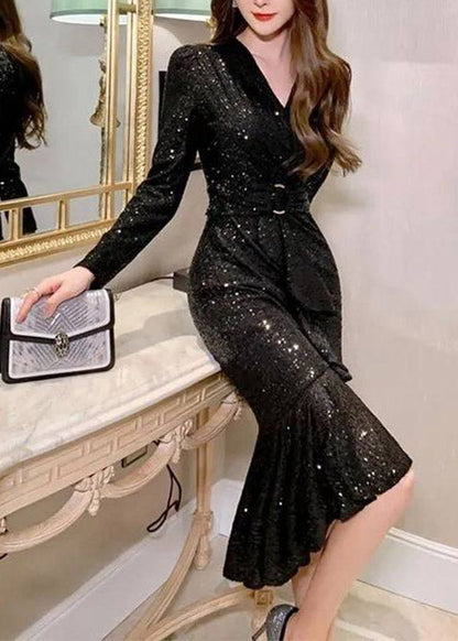 V-Neck Sequin Belted Long Sleeve Mermaid Flounce Midi Dress