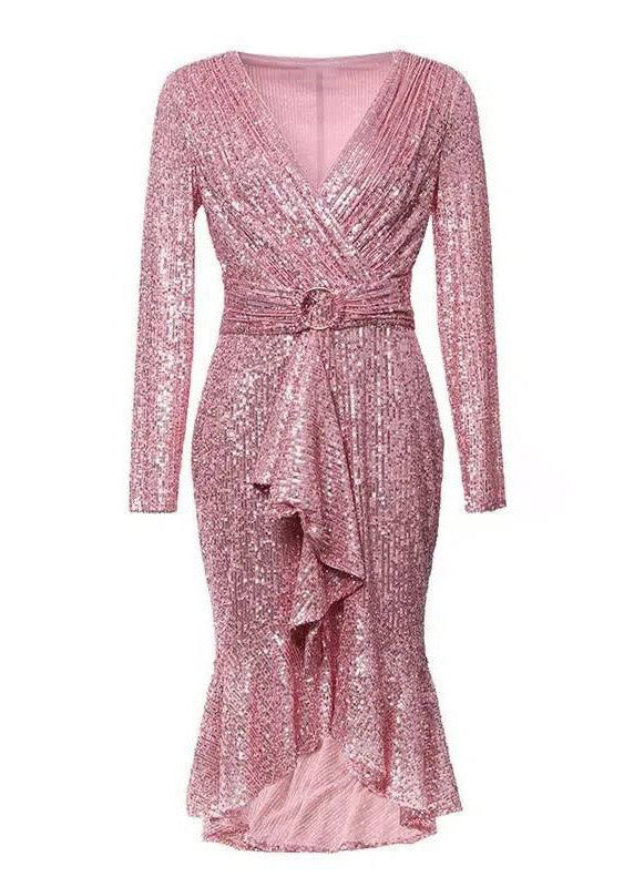 V-Neck Sequin Belted Long Sleeve Mermaid Flounce Midi Dress