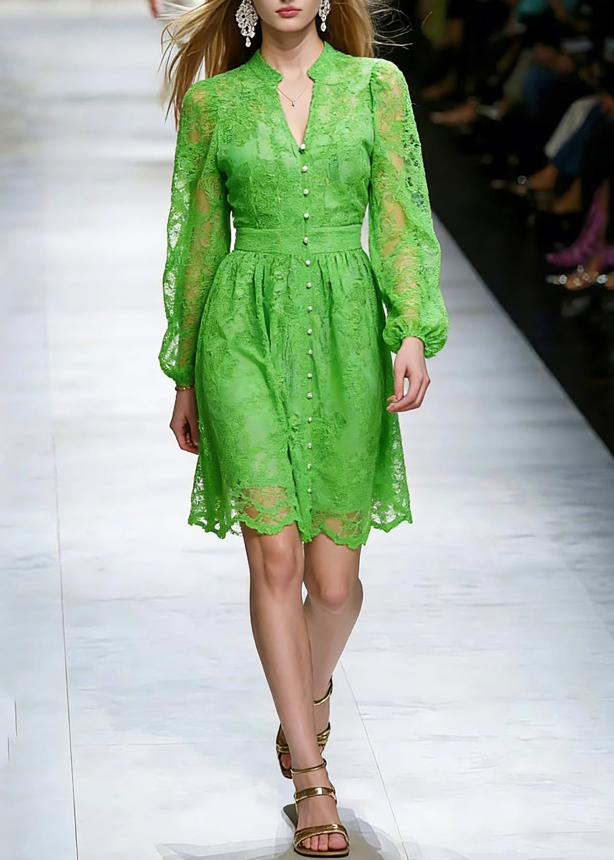 Stand Collar Pearl Button Puff Sleeve Lace A Line Mini Dress