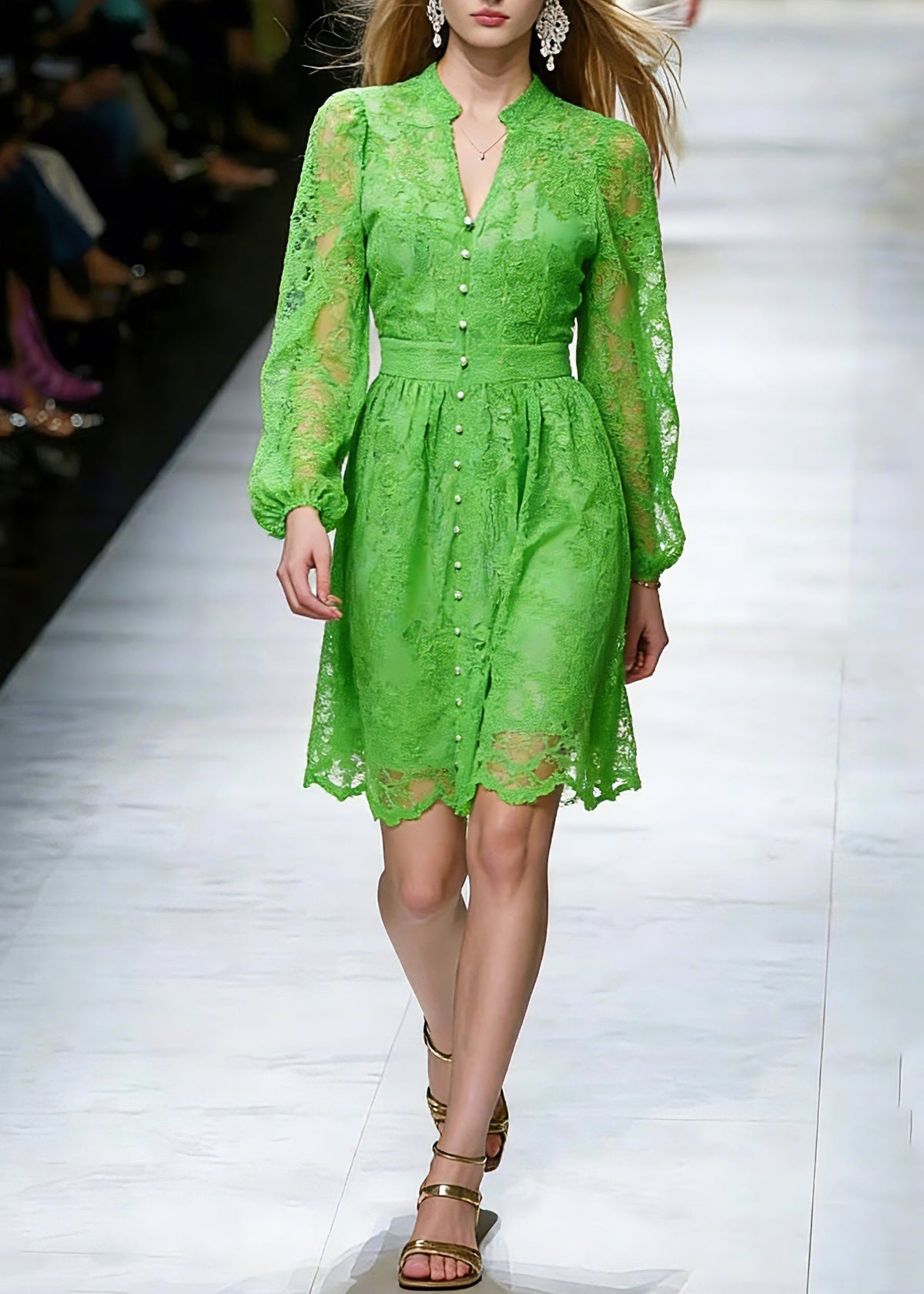 Stand Collar Pearl Button Puff Sleeve Lace A Line Mini Dress