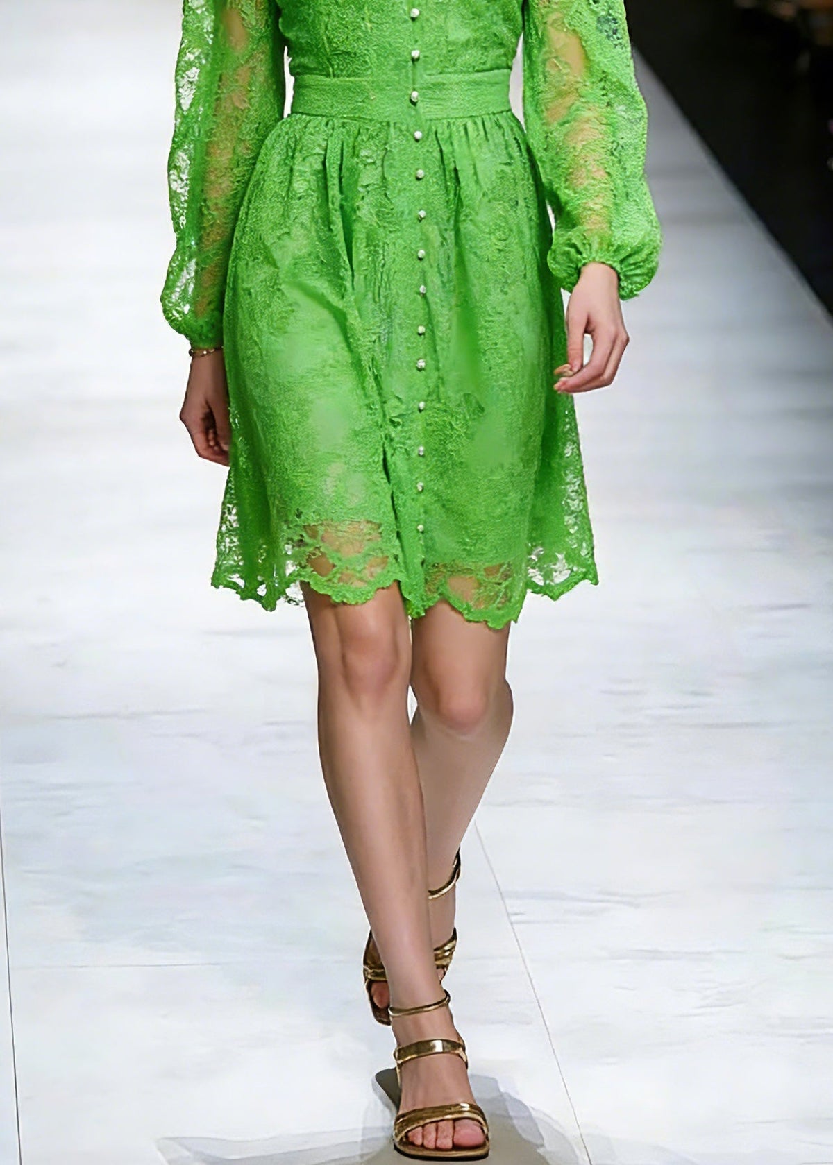 Stand Collar Pearl Button Puff Sleeve Lace A Line Mini Dress