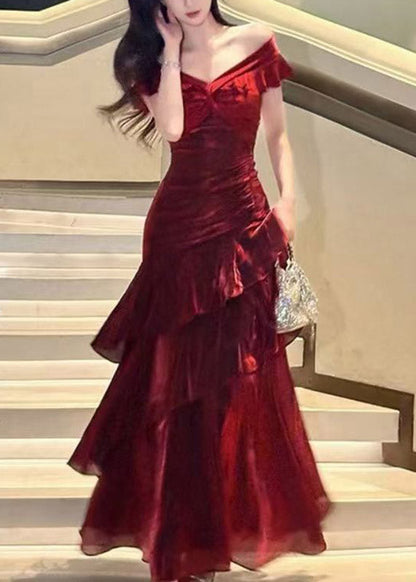 Off Shoulder Ruched Waist Tiered Ruffle Mermaid Maxi Gown