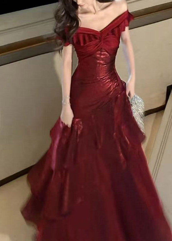 Off Shoulder Ruched Waist Tiered Ruffle Mermaid Maxi Gown
