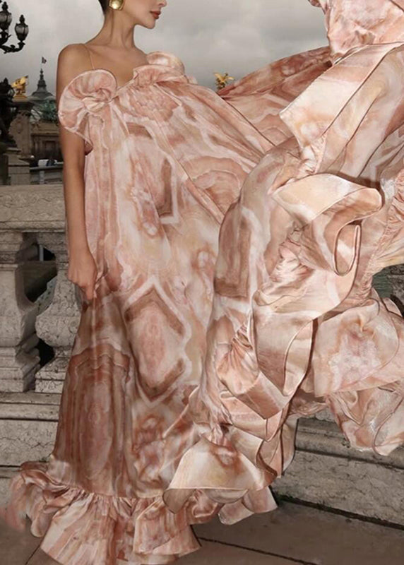 Spaghetti Strap Marble Print Cold-Shoulder Ruffle Tier Oversized Maxi Dress