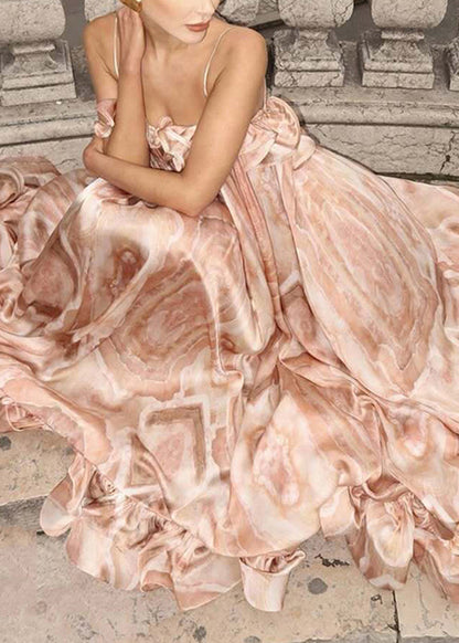 Spaghetti Strap Marble Print Cold-Shoulder Ruffle Tier Oversized Maxi Dress