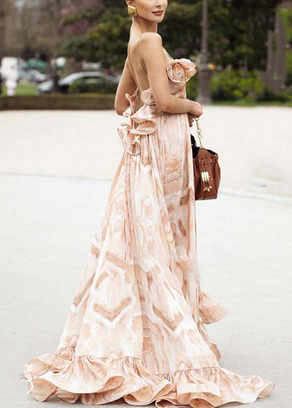 Spaghetti Strap Marble Print Cold-Shoulder Ruffle Tier Oversized Maxi Dress
