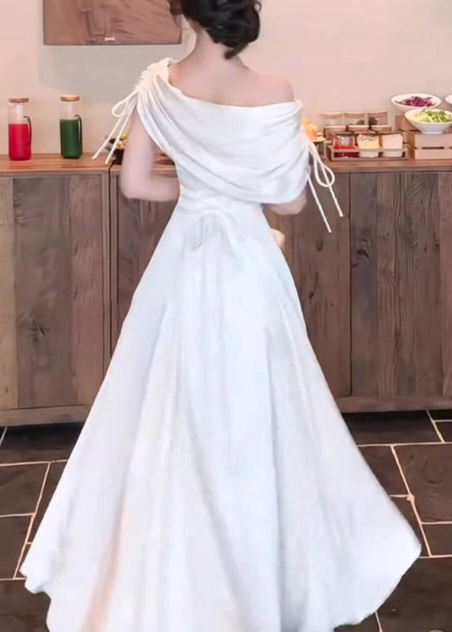 Off Shoulder Drawstring Tie Draped Shoulder Pleated Maxi Dress