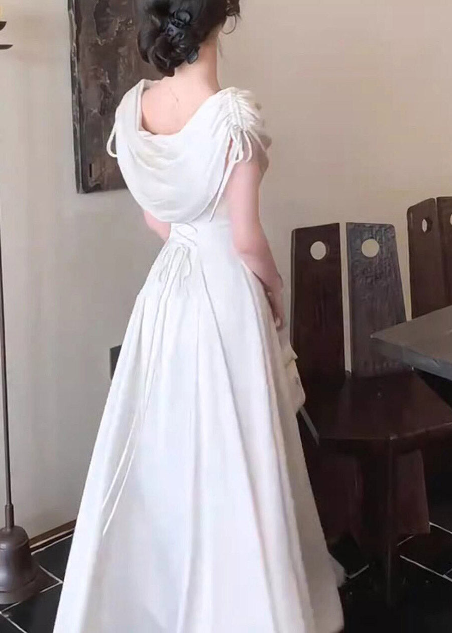 Off Shoulder Drawstring Tie Draped Shoulder Pleated Maxi Dress