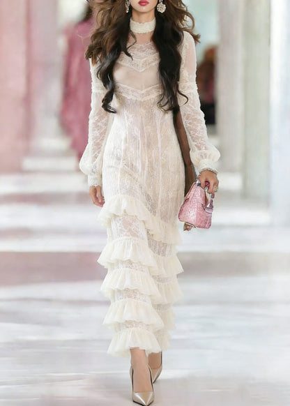 Choker Chevron Lace Panel Bishop Sleeve Tiered Ruffle Maxi Gown
