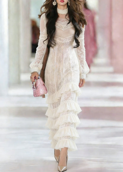 Choker Chevron Lace Panel Bishop Sleeve Tiered Ruffle Maxi Gown