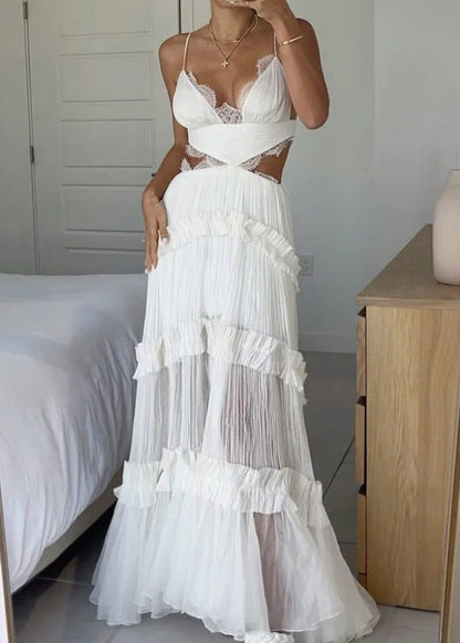 Deep V-Neck Lace Trim Waist Cutout Tiered Ruffle Pleated Maxi Dress