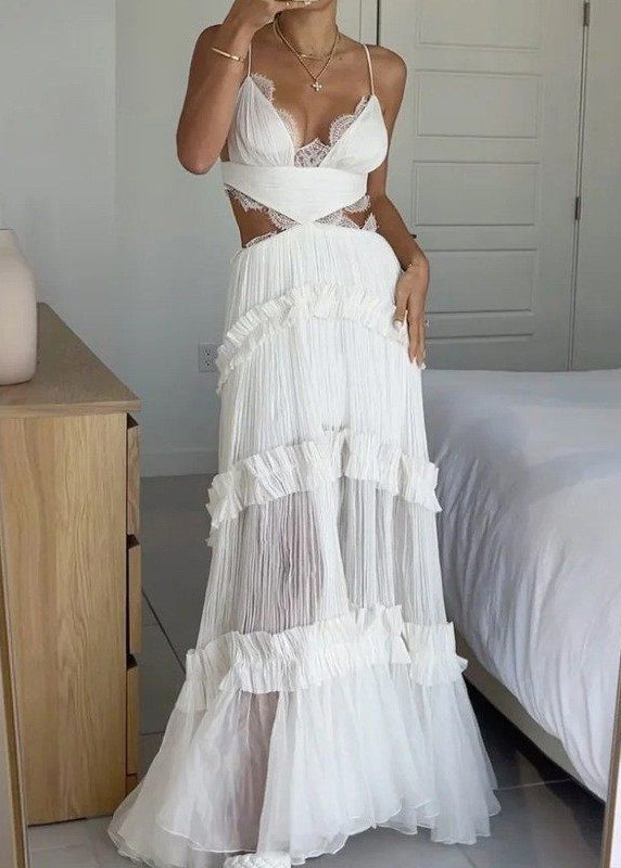 Deep V-Neck Lace Trim Waist Cutout Tiered Ruffle Pleated Maxi Dress
