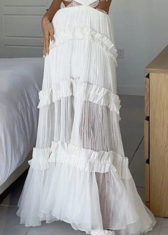 Deep V-Neck Lace Trim Waist Cutout Tiered Ruffle Pleated Maxi Dress