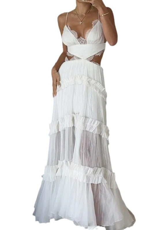 Deep V-Neck Lace Trim Waist Cutout Tiered Ruffle Pleated Maxi Dress